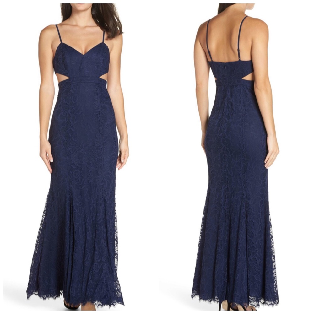 Fame And Partners Blue Navy Cut Out Lace Dorsey Gown Size 10 NEW With Tags